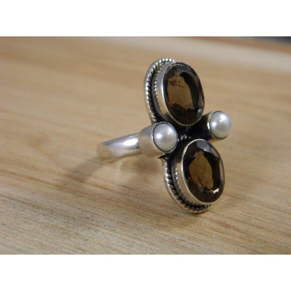 Vintage Topaz Sterling Silver Ring, Brown Topaz, Pearl Multi Stone Ring Sz 6.25 - Picture 7 of 10